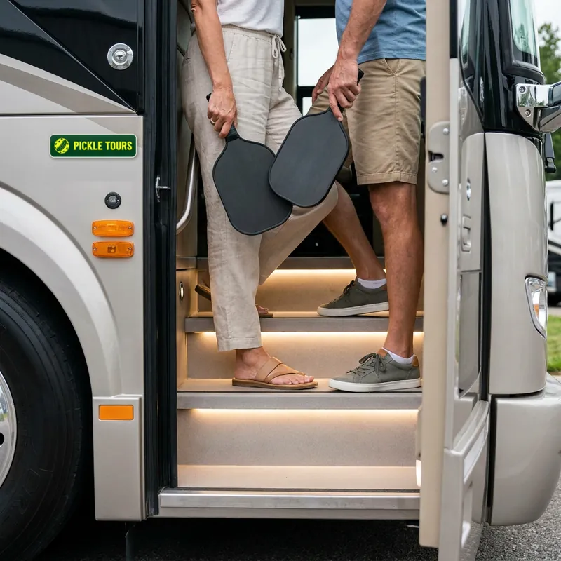 Two guests stepping down from the motorcoach door, paddles in hand.